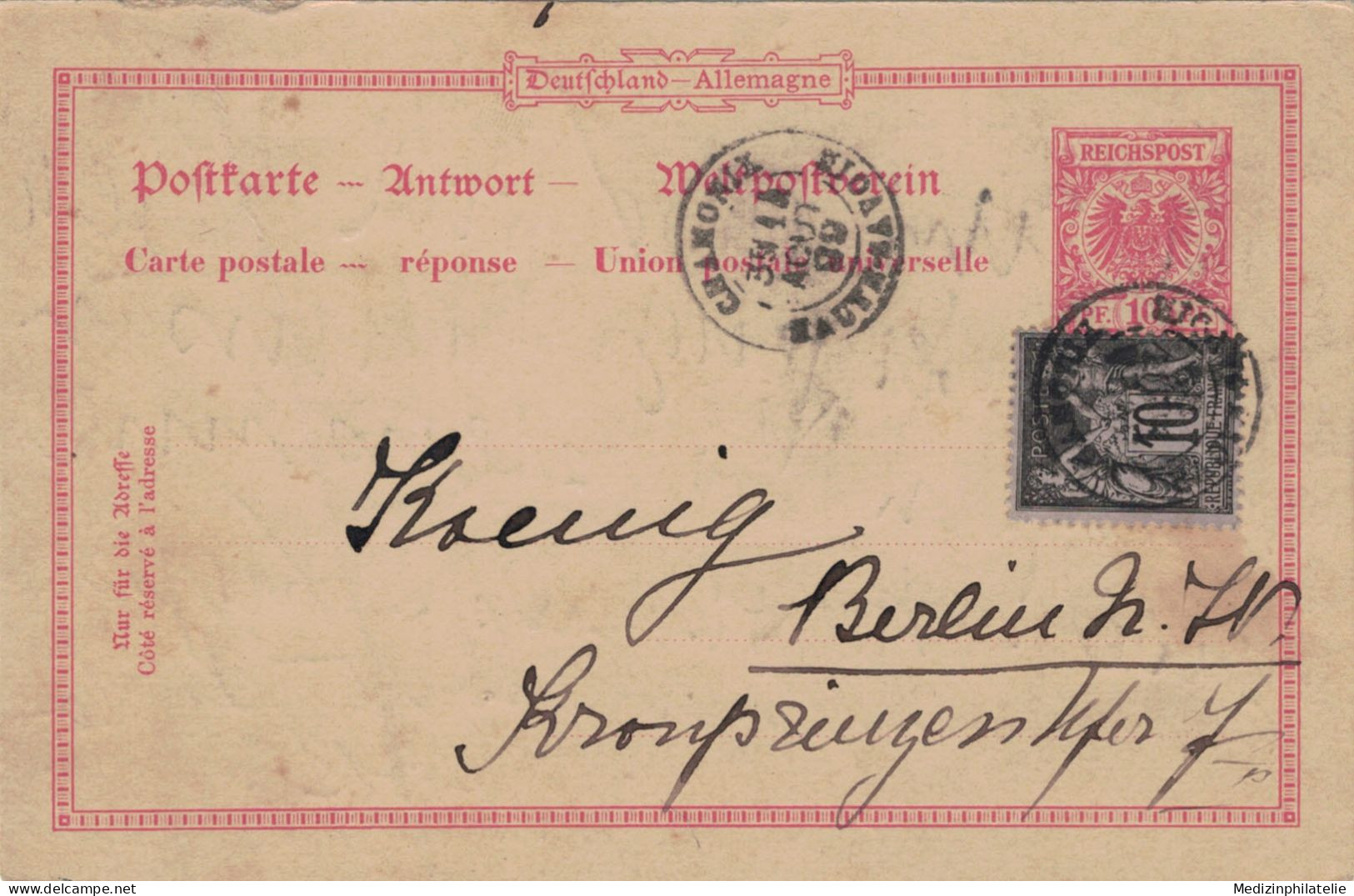 Ganzsache 10 Pfennig - Formularverwendung Chamonix 1899 > Berlin - Briefkaarten