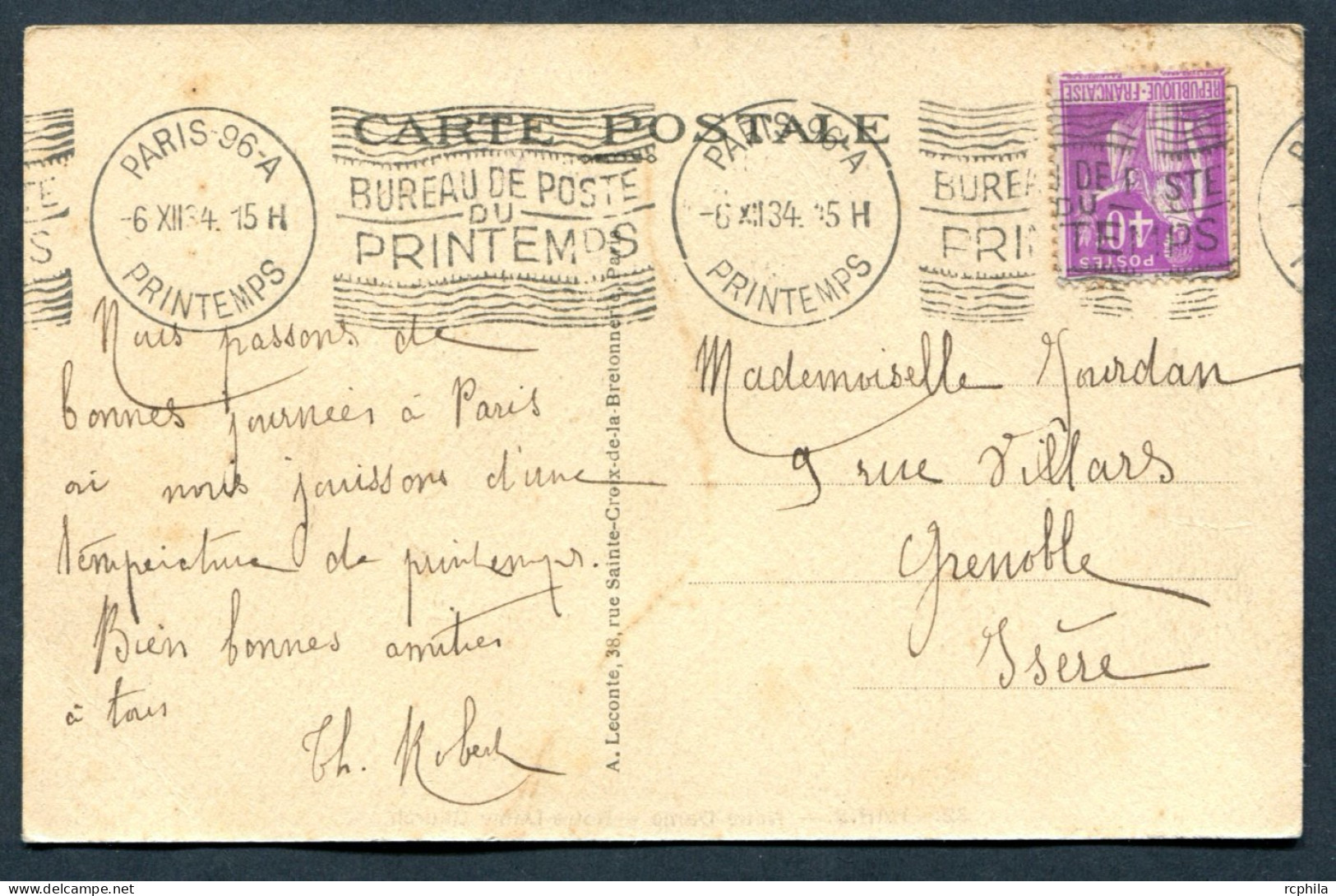 RC 27594 FRANCE 1934 PARIS 96A BUREAU DE POSTE DU PRINTEMPS BELLE OBLITÉRATION MÉCANIQUE KRAG POUR GRENOBLE - Mechanical Postmarks (Other)