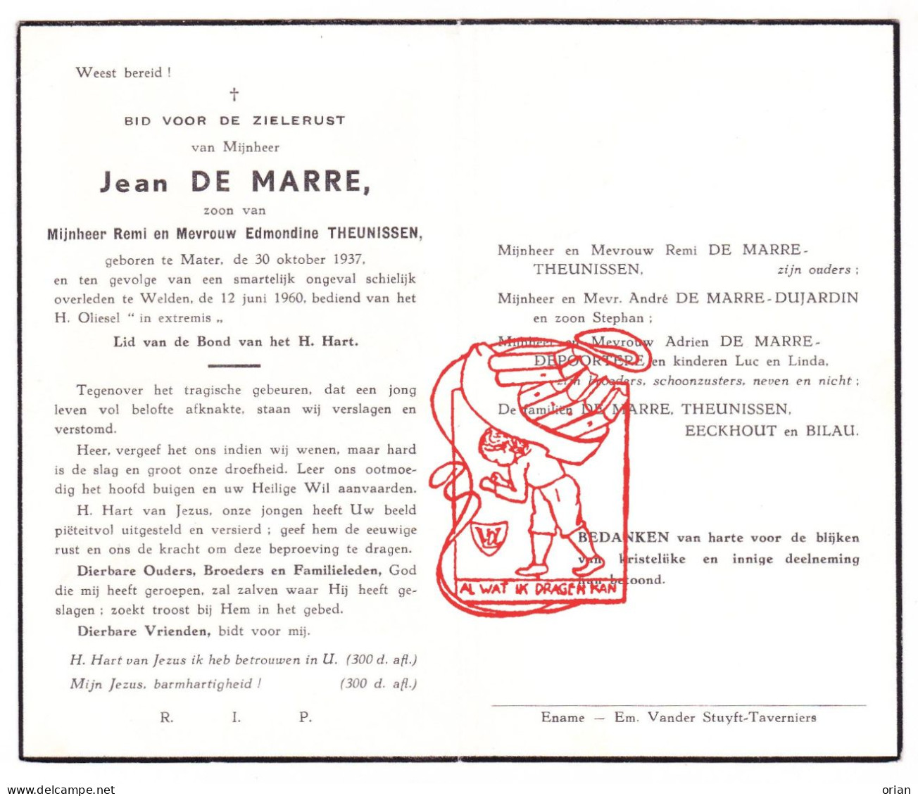 DP Jean De Marre / Theunissen 22j. ° Mater Oudenaarde 1937 † Welden 1960 Dujardin Depoortere Eeckhout Bilau - Devotion Images