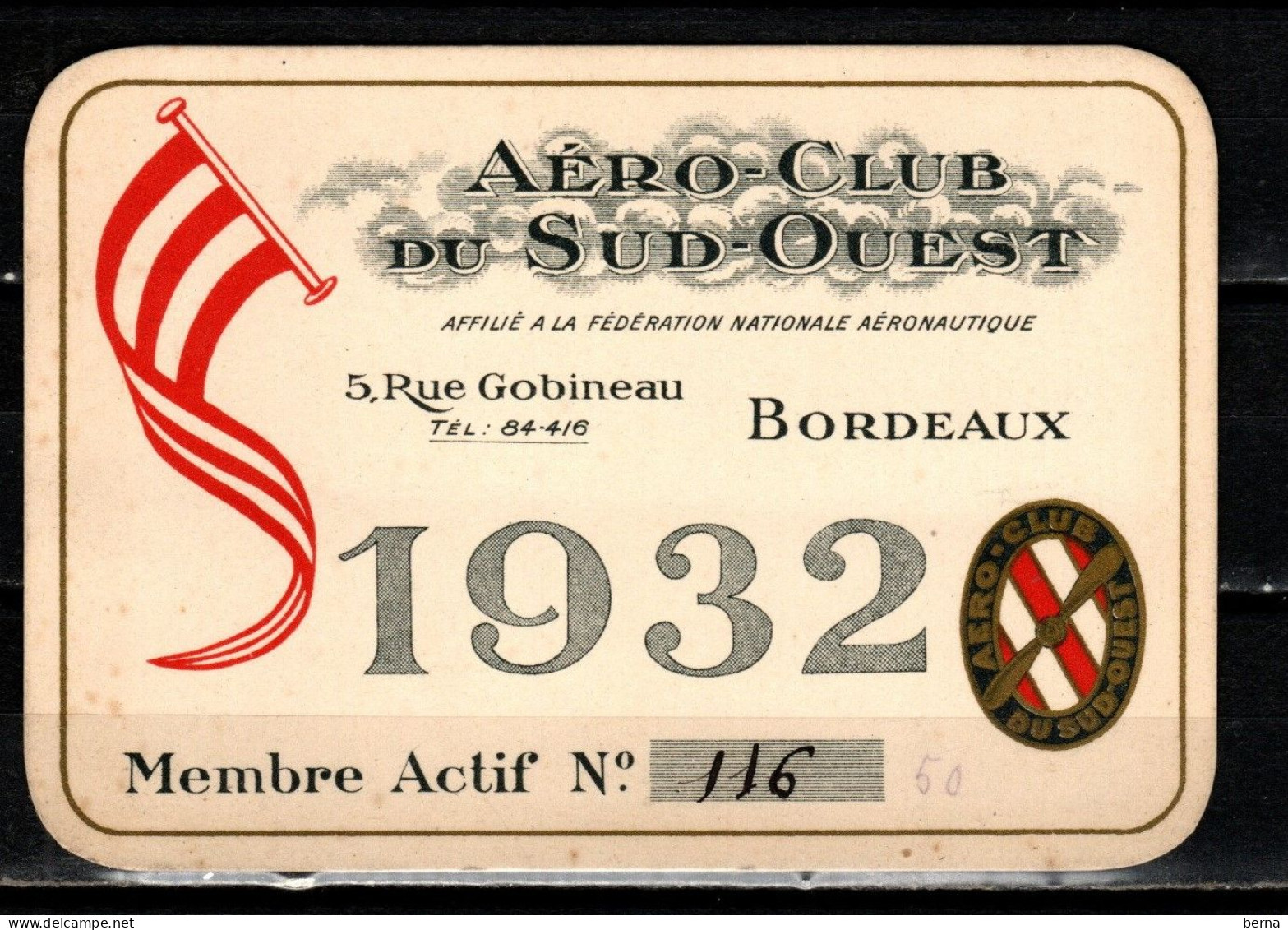 CARTE 1932 ABONNEMENT AERO CLUB DU SUD OUEST BORDEAUX RARE - Andere & Zonder Classificatie
