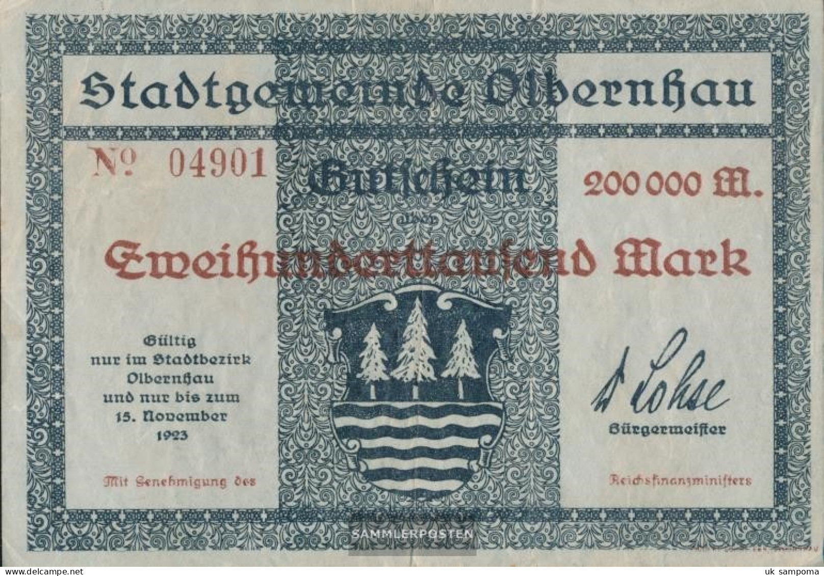 Olbernhau Inflationsgeld Municipality Olbernhau Used (III) 1923 200.000 Mark - Autres & Non Classés
