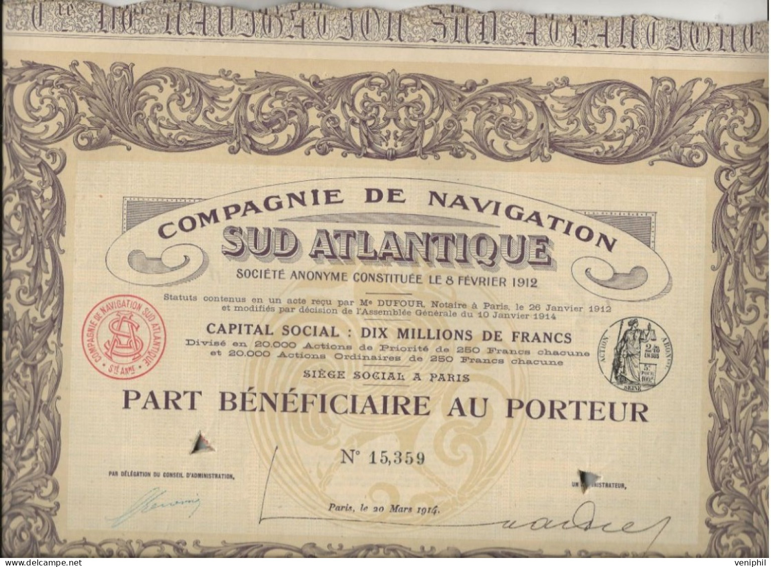 COMPAGNIE DE NAVIGATION SUD ATLANTIQUE - LOT DE 10 PARTS BENEFICIAIRES -ANNEE 1914 - Navegación