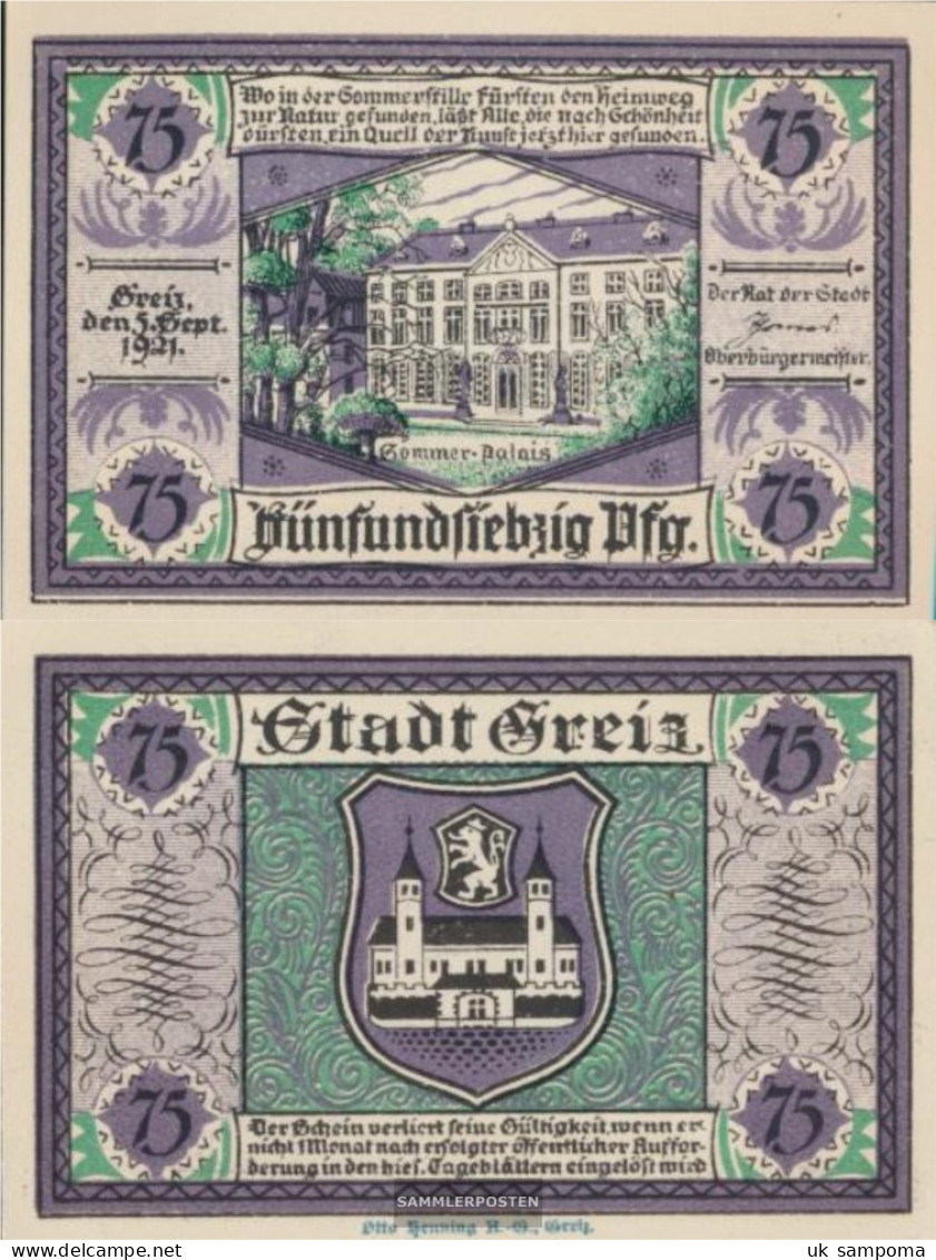 Greiz Notgeld: 471.2 75 PF Notgeldschein The City Greiz Uncirculated 1921 75 Pfennig Greiz - Oostenrijk