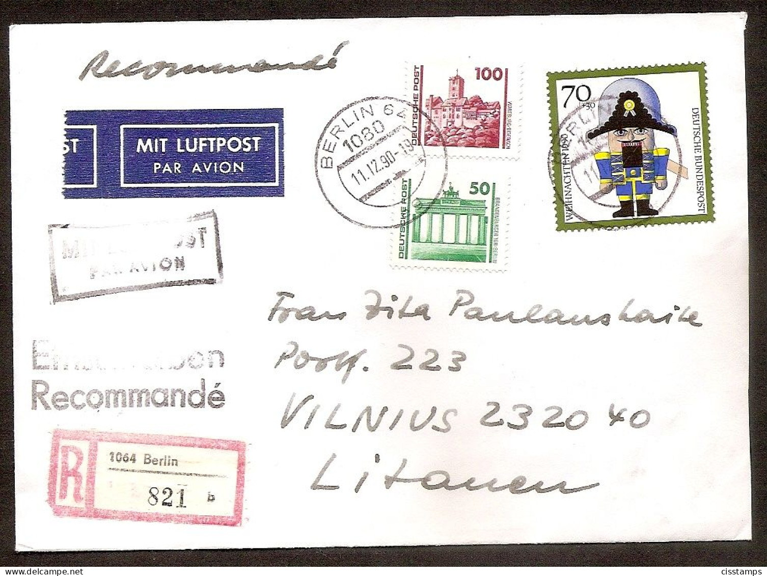 Germany●Berlin 1990●Bundespost+FM Deutsche Post●Mischfrankatur●R-Brief Berlin 1064-Lithuania - Brieven En Documenten