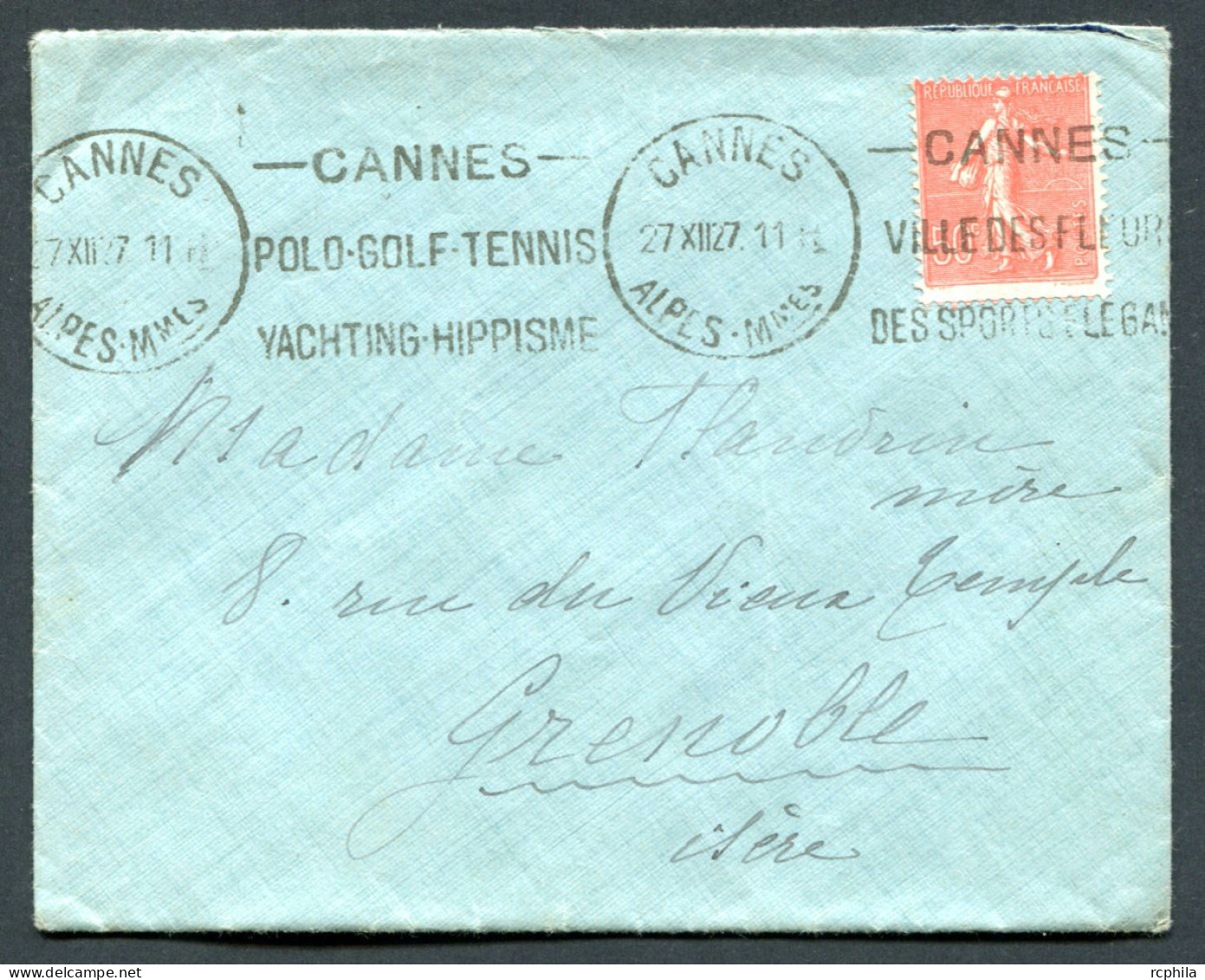 RC 27595 FRANCE 1927 CANNES POLO GOLF TENNIS YACHTING HIPPISME BELLE OBLITÉRATION MÉCANIQUE POUR GRENOBLE - Mechanical Postmarks (Other)