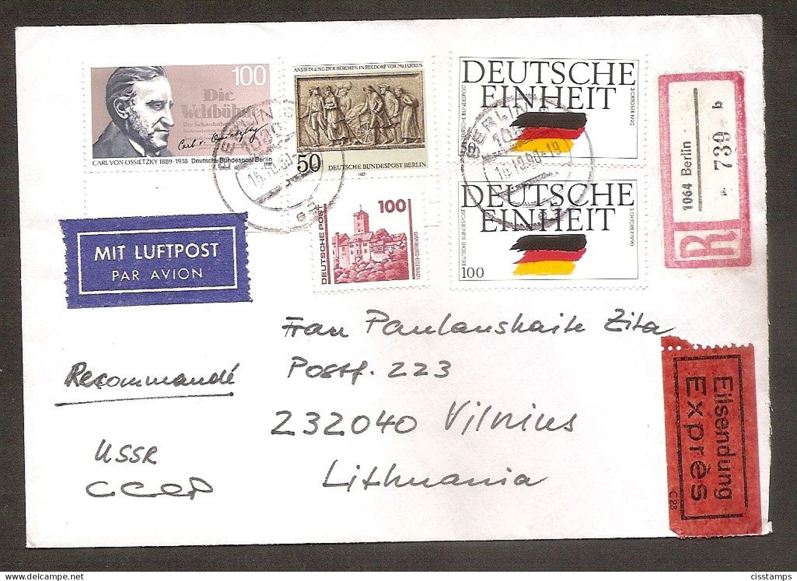Germany●Berlin 1990●Berlin + Bundespost+FM Deutsche Post●Mischfrankatur●R-Brief Berlin 1064-Lithuania - Brieven En Documenten