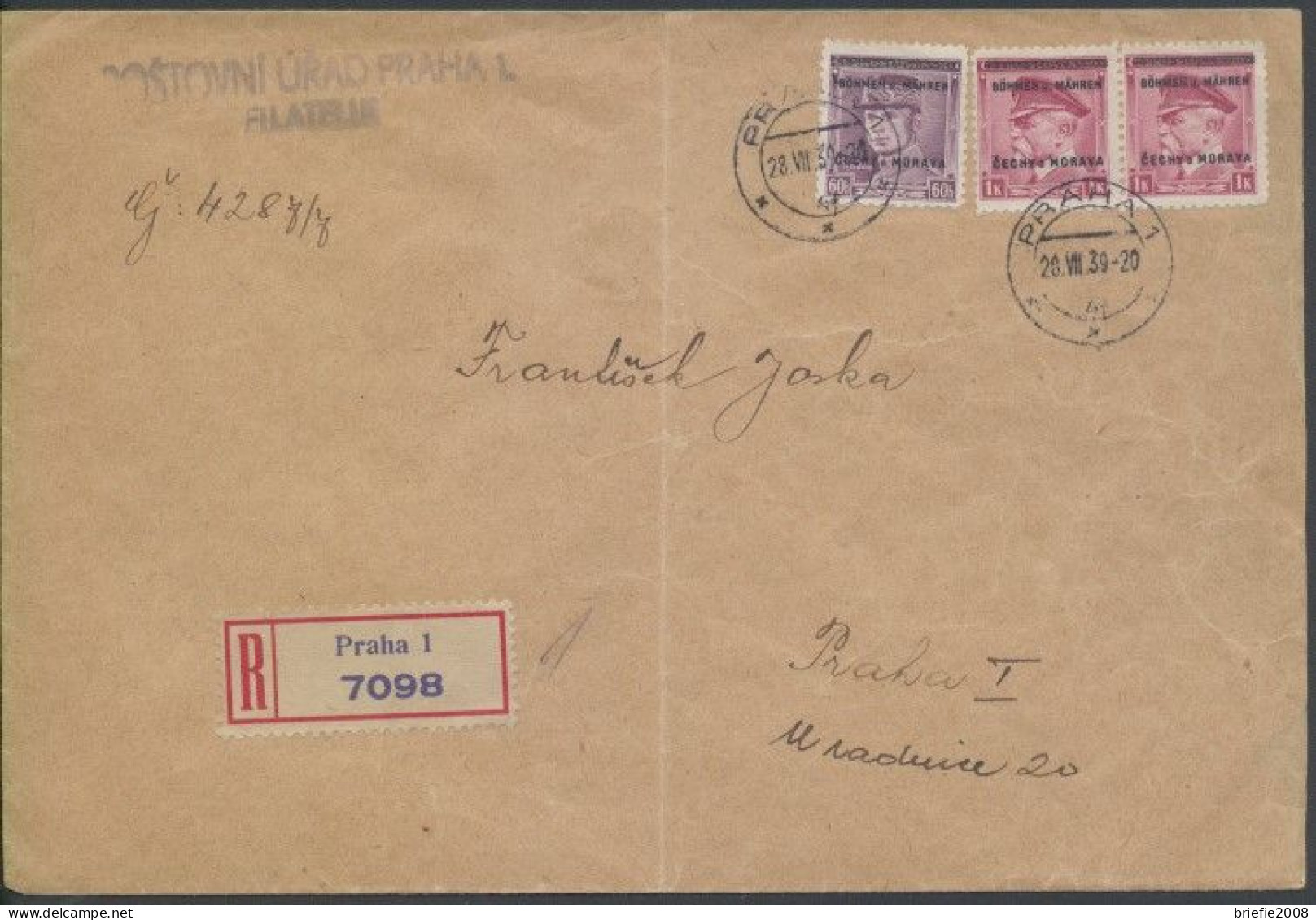 Böhmen Und Mähren # 8,10(2x) R-Ortsbrief Praha Postovni Urad Filatelie 28.7.39 - Briefe U. Dokumente