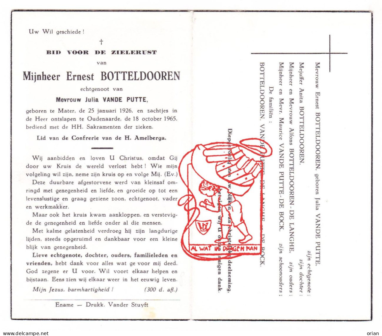 DP Ernest Botteldooren ° Mater 1926 † Oudenaarde 1965 X Julia Vandeputte // De Langhe De Bock - Devotieprenten