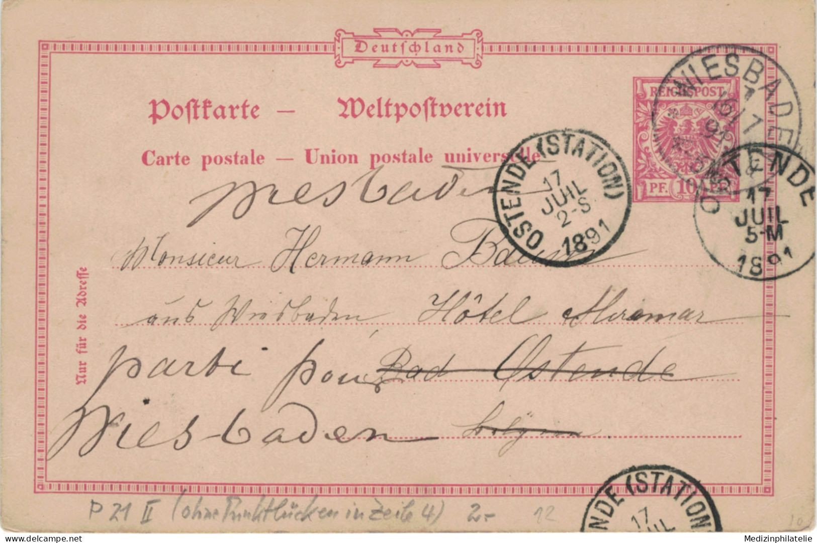 Ganzsache 10 Pfennig - Wiesbaden 1891 > Ostende Station, - Cartes Postales