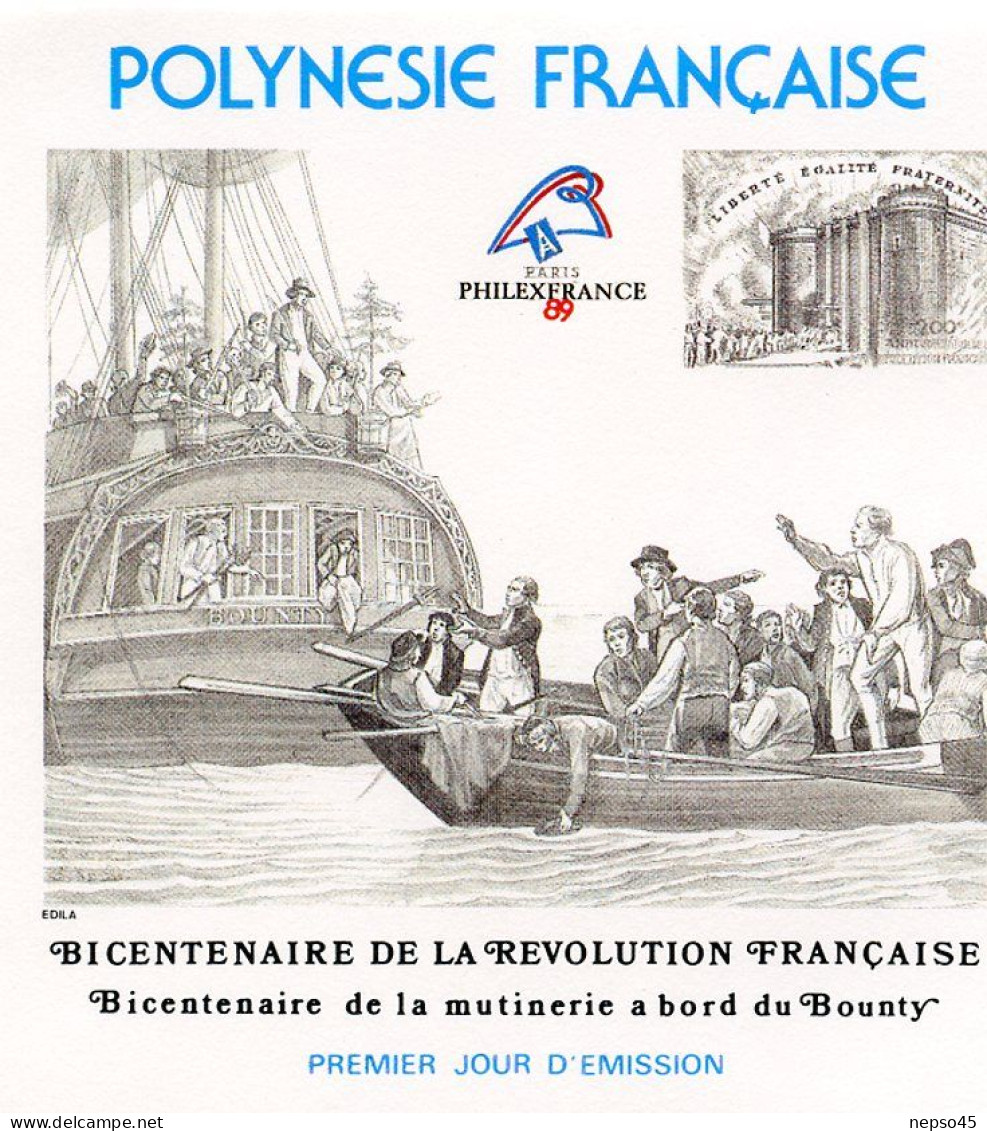 Enveloppe Timbres 1er Jour D'émission7 Juillet 89.Polynésie Française Bicentenaire Révolution Française Mutinerie Bounty - Otros & Sin Clasificación