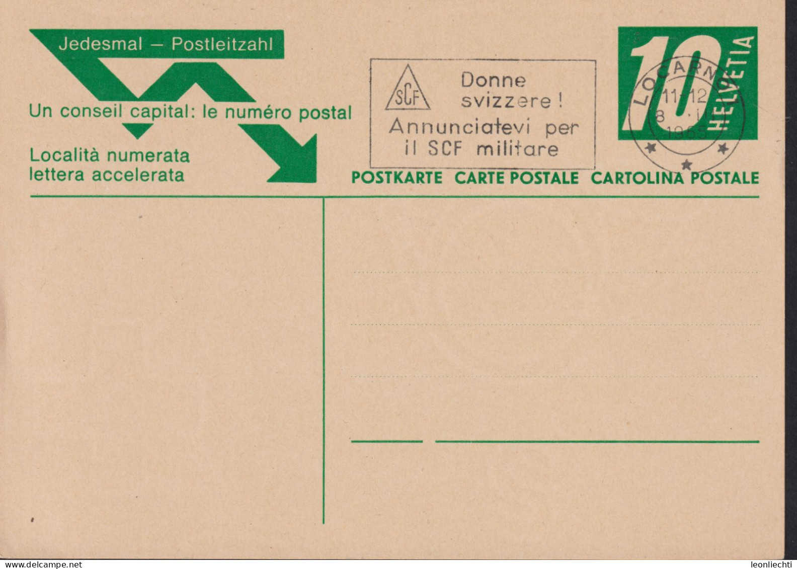 1965 , Jedesmal-Postleitzahl Zum:195 10 Cts  ⵙ LOCARNO 1 Flagg: Donne Svizzere ! Annunciatevi Per Il SCF Militare - Stamped Stationery
