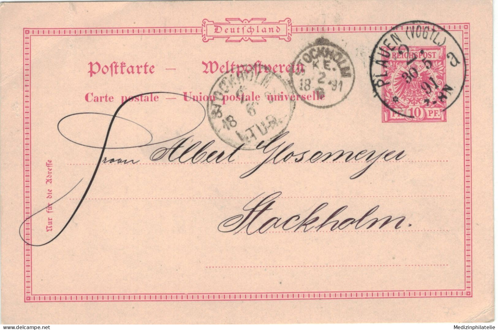 Ganzsache 10 Pfennig - Böhler & Sohn Plauen Vogtland 1891 > Stockholm - Fingerhutstempel - Cartoline