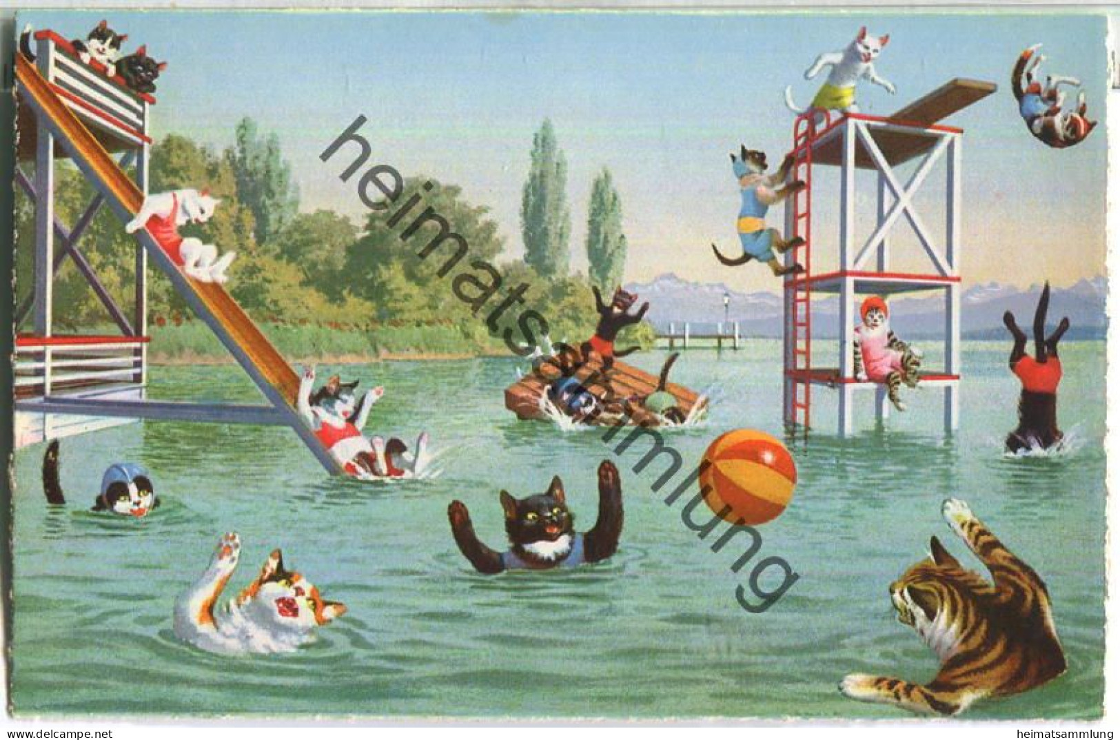 Vermenschlichte Katzen - Im Schwimmbad - No. 4695 Edition Max Künzli Zürich 6 - Comics