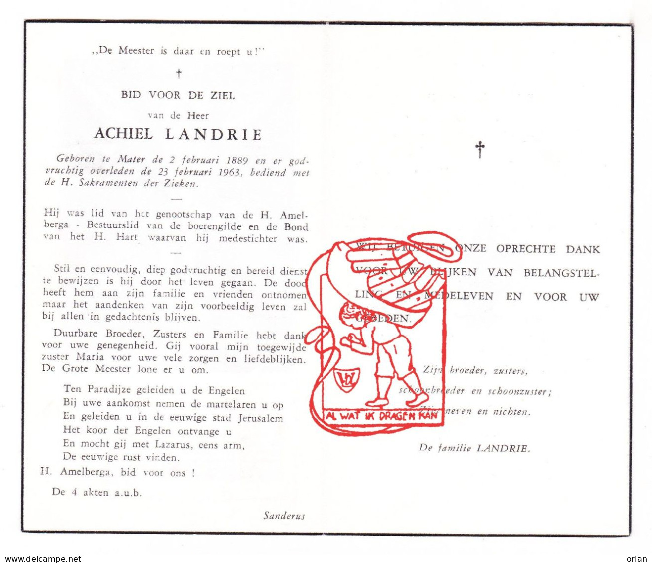 DP Achiel Landrie ° Mater Oudenaarde 1889 † 1963 - Devotieprenten