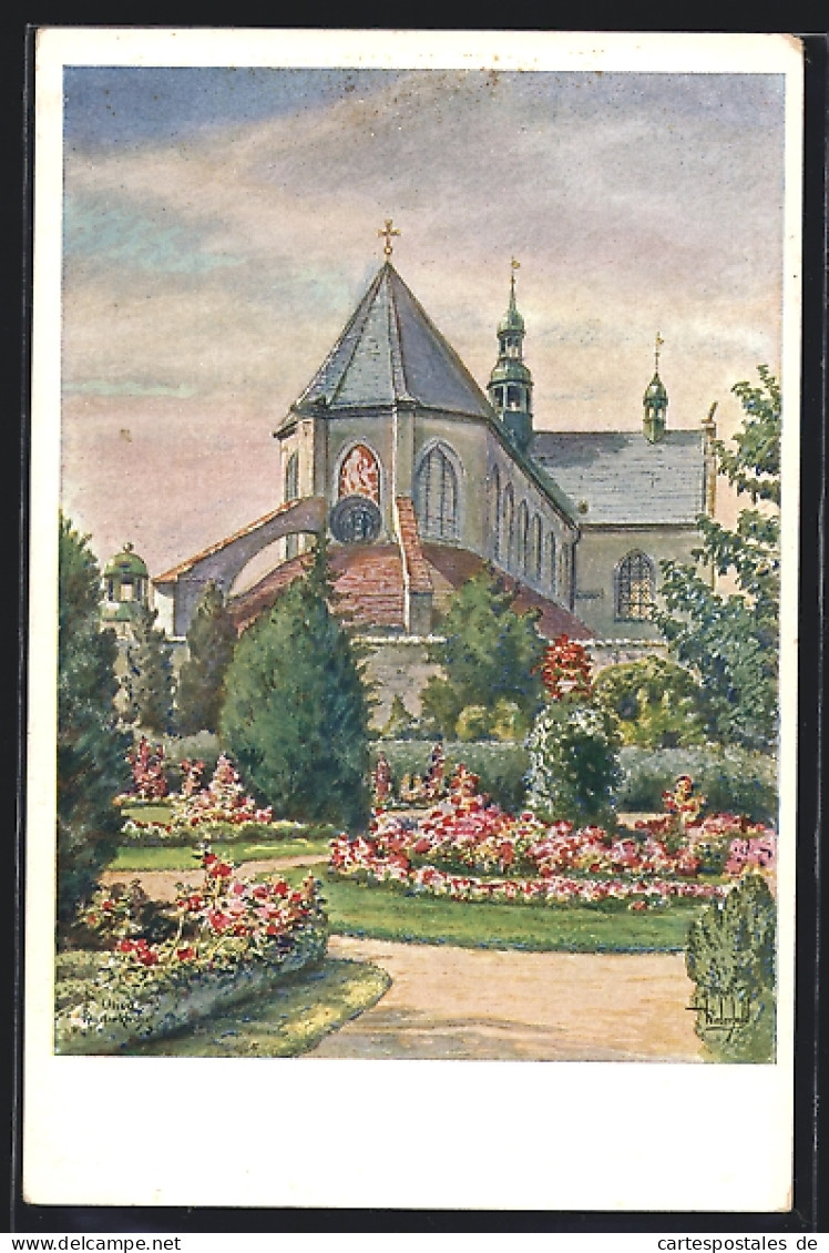 Künstler-AK Oliva, Blumenbeete An Der Klosterkirche  - Westpreussen