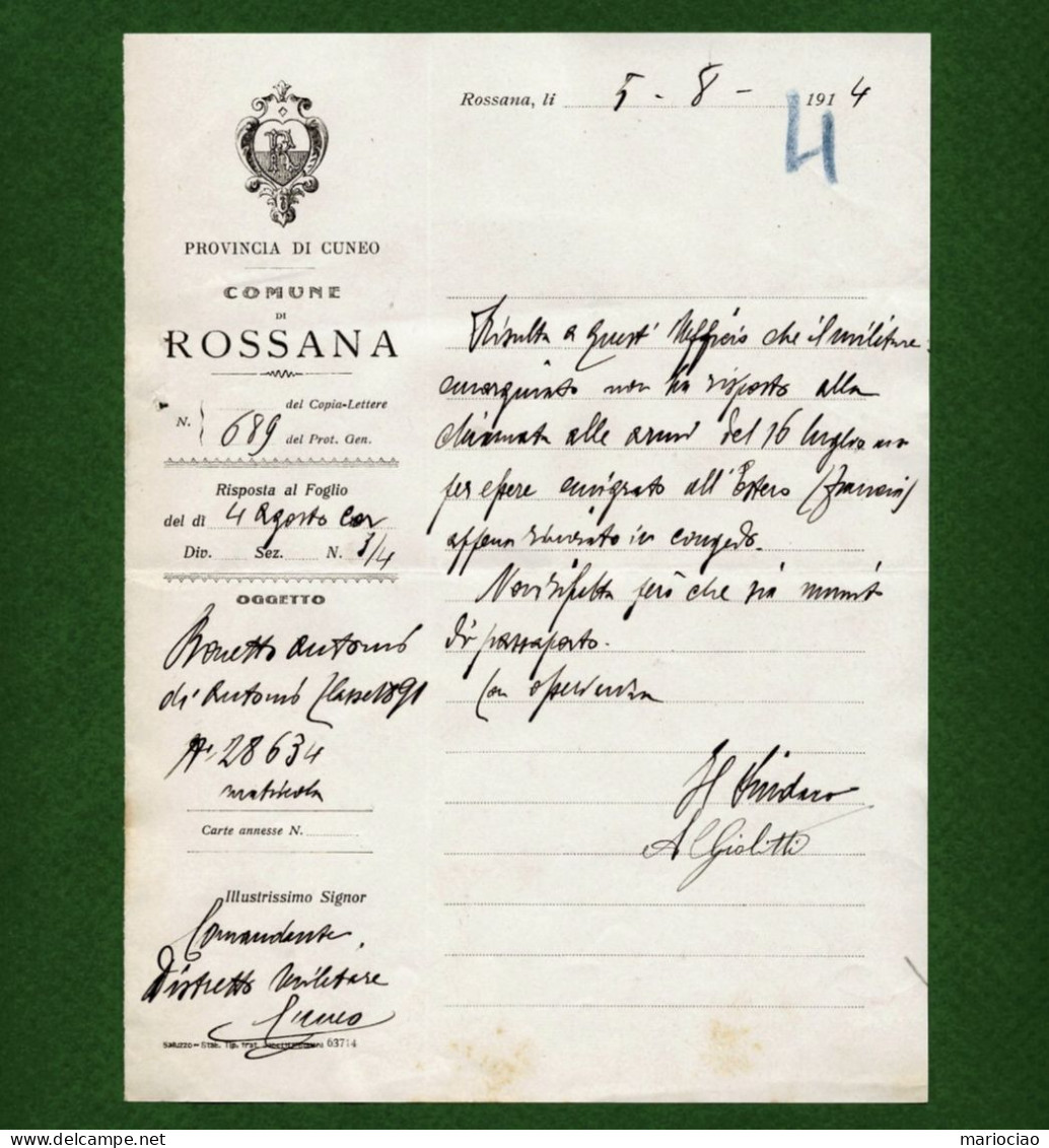 D-IT Guerra 1914-18 Rossana Cuneo 1914 Diserzione Alla Chiamata Alle Armi - Historische Documenten