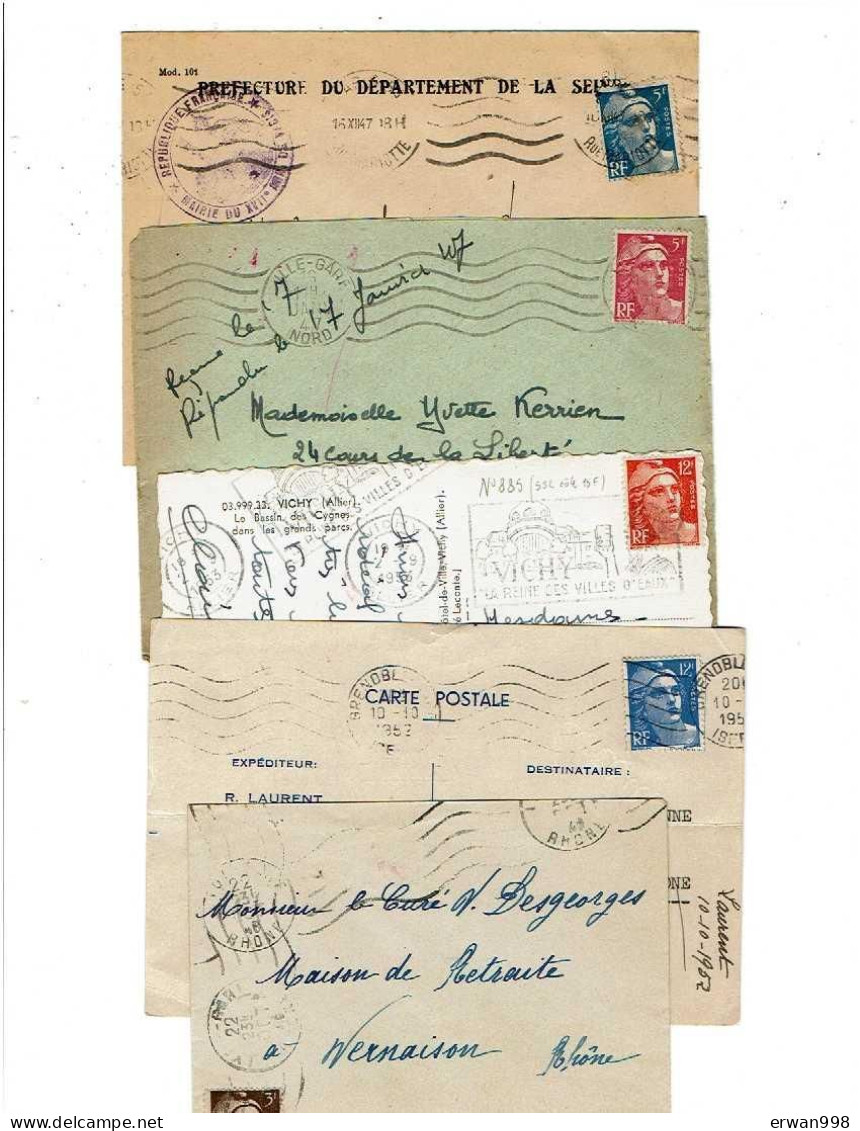 Lot De 11 Enveloppes & 1 CP Affranchies De Marianne De GANDON Tous Différents La Plupart Avec Cachets Manuels   121 - 1945-54 Marianne Of Gandon