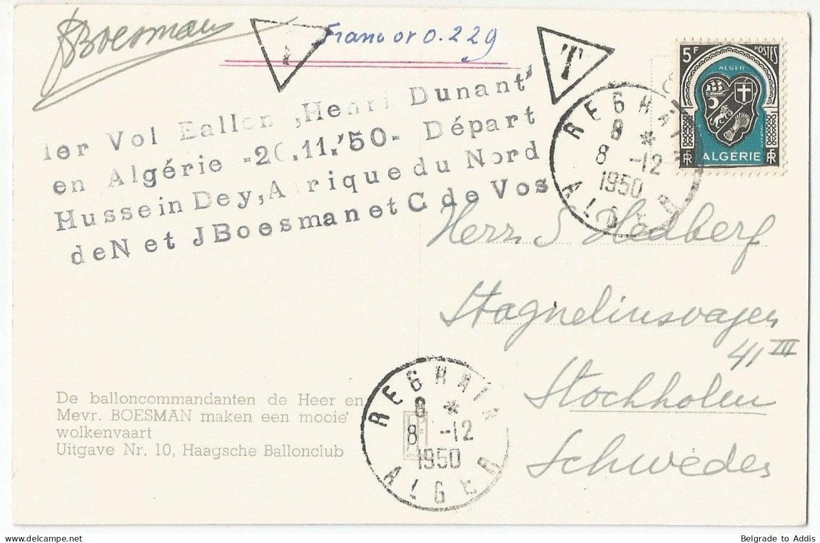 Algérie Carte Postale Premier Vol Ballon Henri Dunant Signé Par Pilote Boesman 1950 Vers La Suède - Poste Aérienne