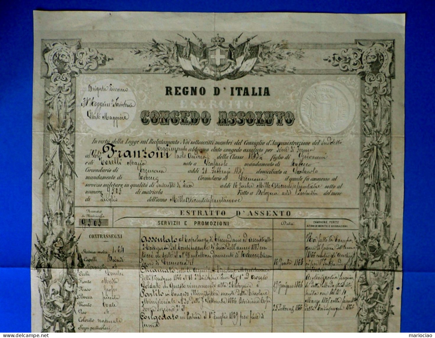 D-IT Guerra Risorgimento  CONGEDO 1843-1869 Robecco Cremona Terza Guerra D'Indipendenza - Historische Documenten