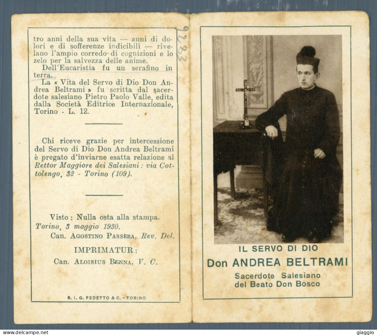 °°° Santino N. 9283 - Il Servo Di Dio Don Andrea Beltrami - Torino °°° - Religion & Esotericism