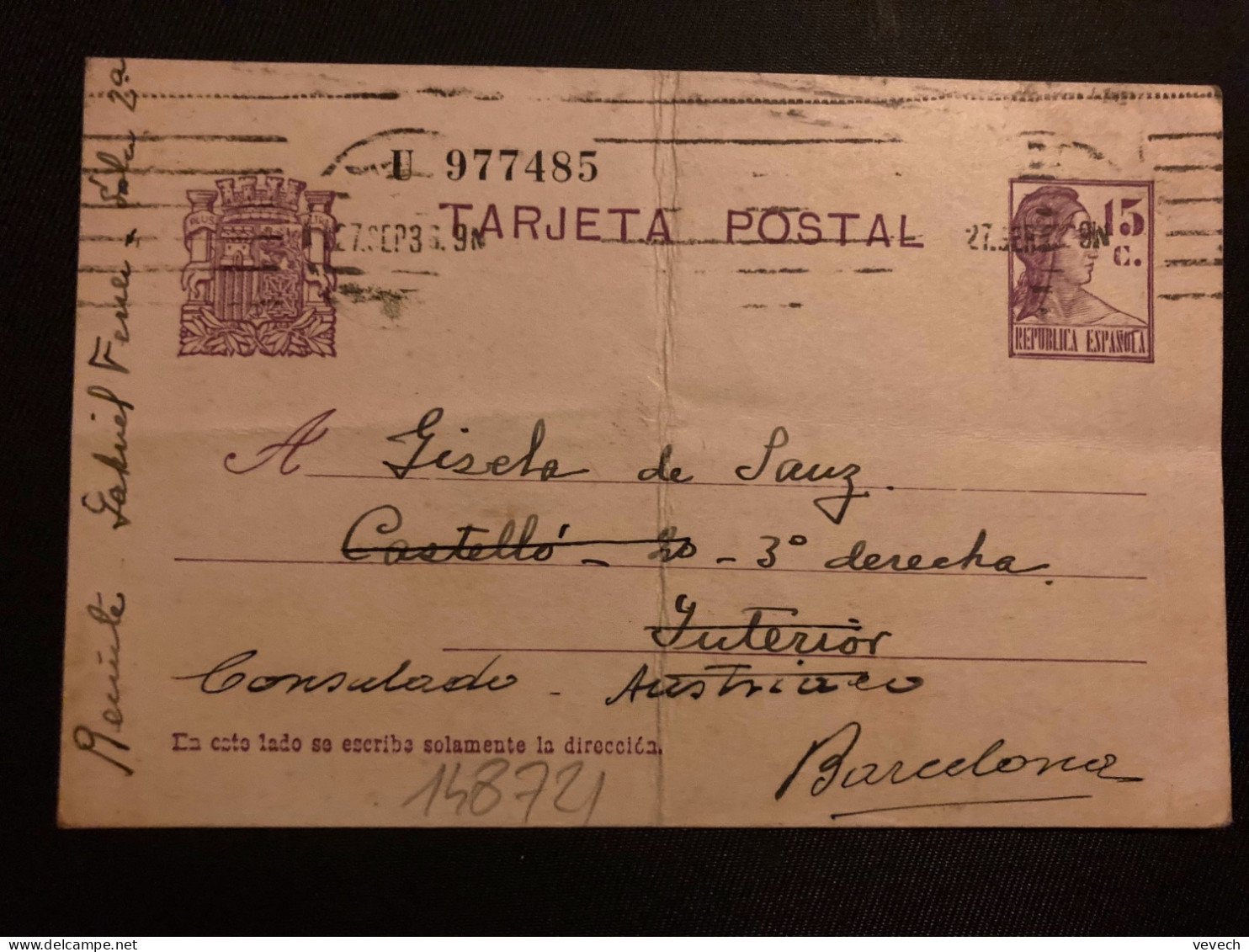CP EP 15c OBL.MEC.27 SET 36 Pour GISCLA DE SAUZ Consulado Austriaco BARCELONA - Storia Postale