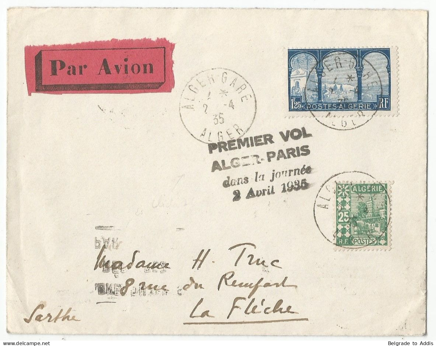 Algérie Premier Vol Dans La Journée Alger - Paris 1935 - Airmail