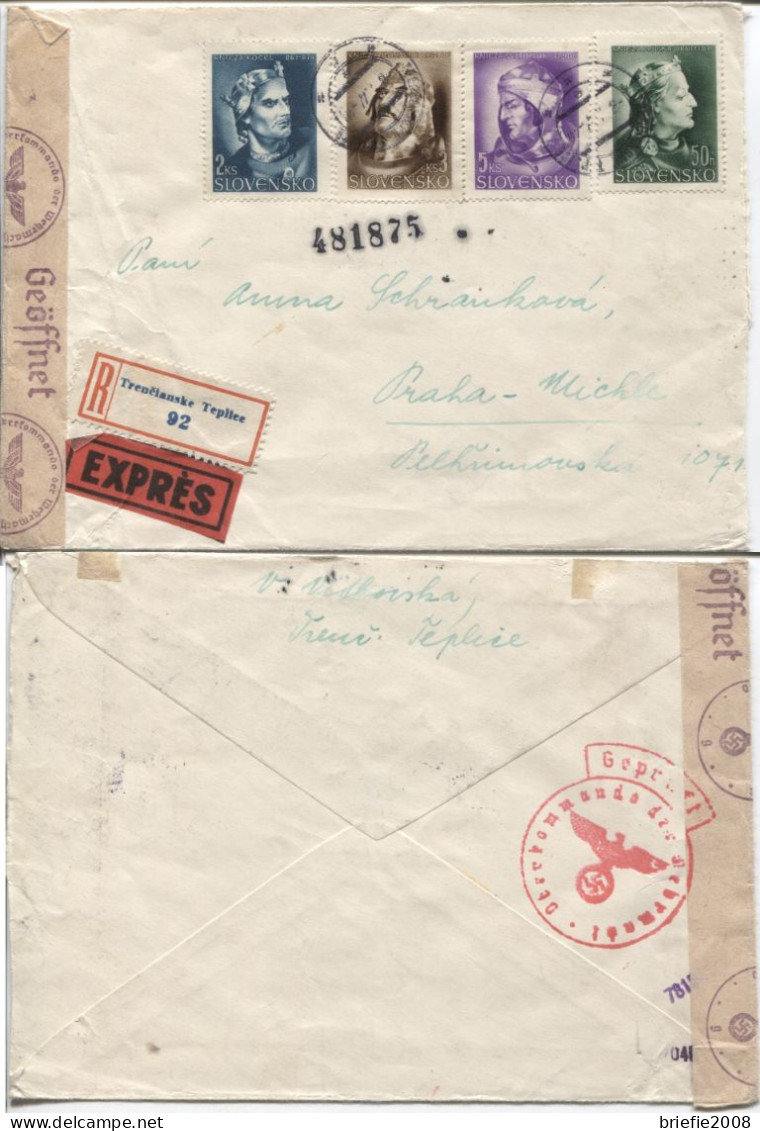 Slowakei # 134,138-40 Eil-Einschreibebrief Trencianske Teplice 3.5.44 > Prag, OKW-Zensur - Lettres & Documents