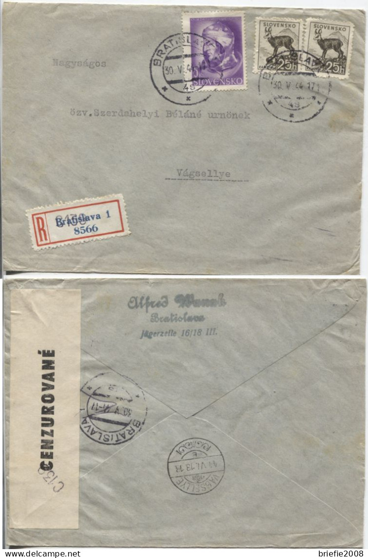 Slowakei # 140,74(2x) Einschreibebrief Bratislava 30.5.44 > Ungarn Vagsellye, Zensur - Lettres & Documents
