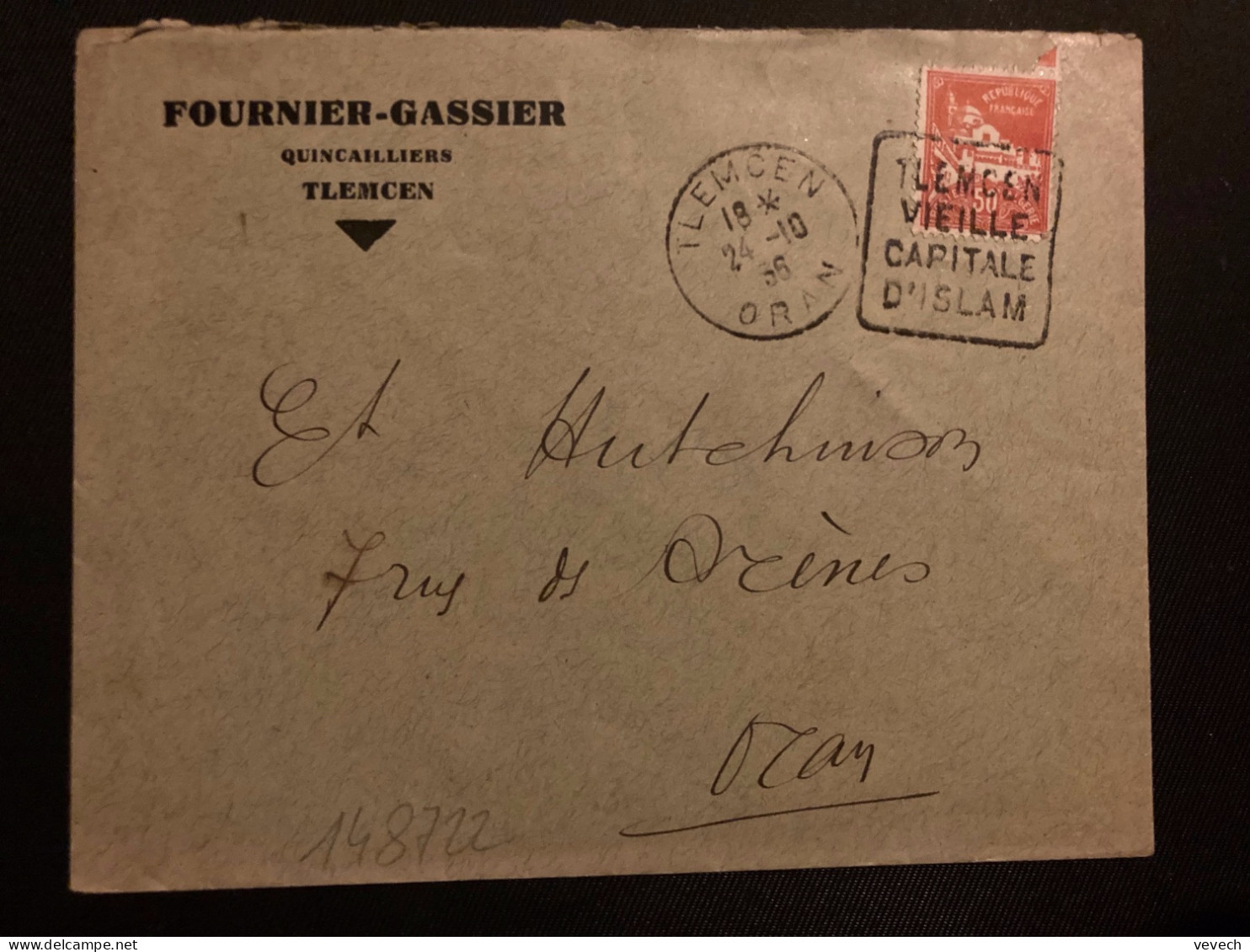 LETTRE FOURNIER GASSIER QUINCAILLIERS TP 50c OBL. DAGUIN 24-10 36 TLEMCEN ORAN VIEILLE CAPITALE D'ISLAM - Storia Postale