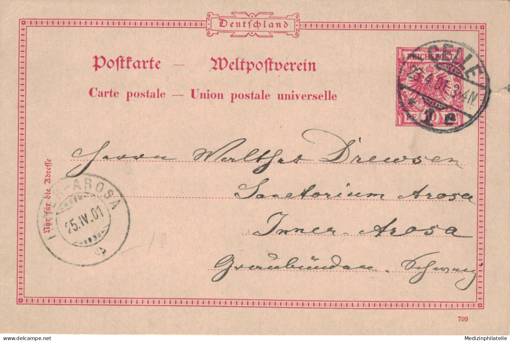 Ganzsache 10 Pfennig - Celle 1901 Drewsen Sanatorium Inner-Arosa Graubünden - Briefkaarten