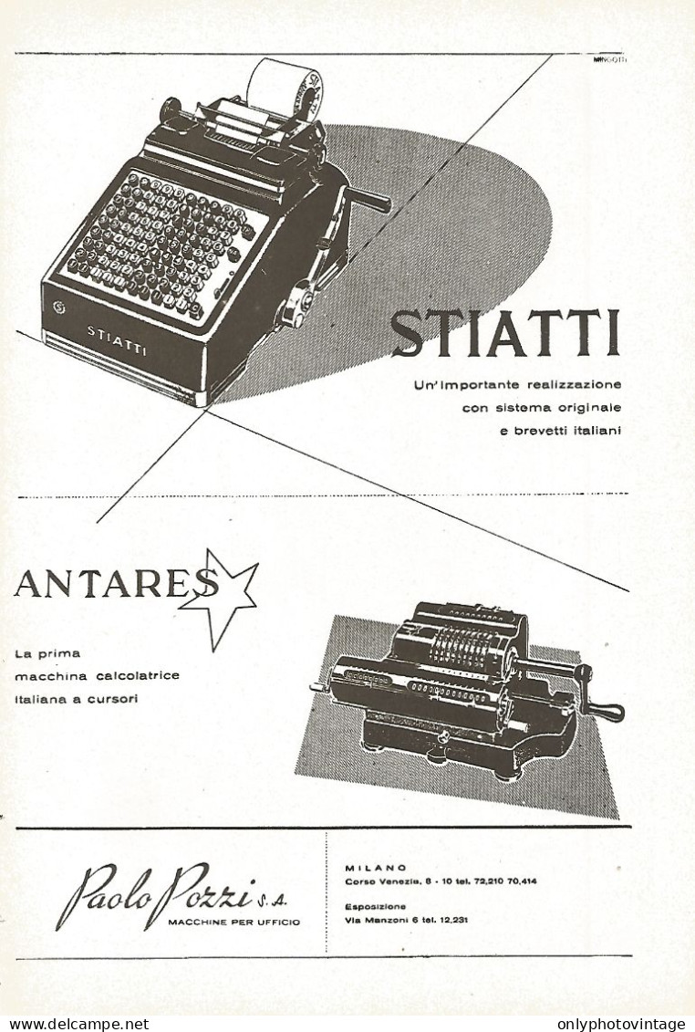 Macchine Calcolatrici STIATTI E ANTARES - Pubblicità Del 1942 - Old Advert - Reclame