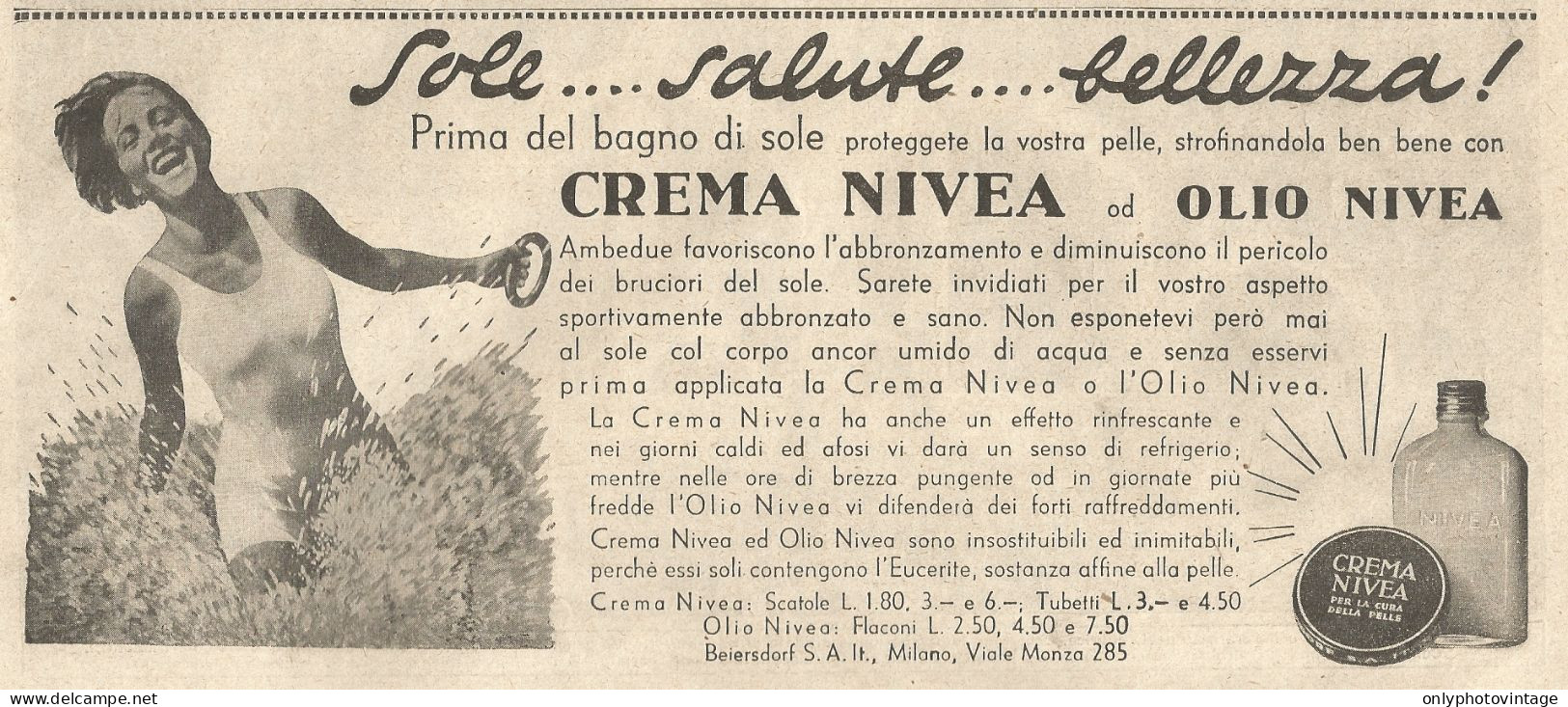 Crema NIVEA - Sole... Salute... - Pubblicità Del 1933 - Old Advertising - Advertising