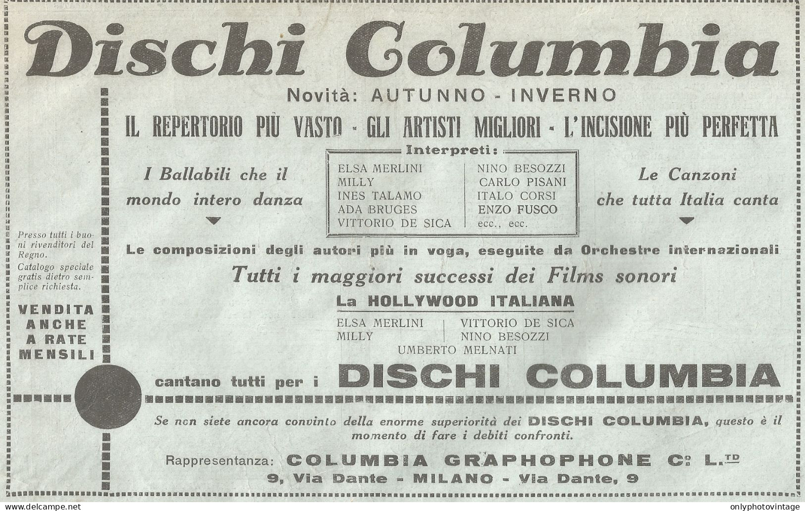 Dischi Columbia - Pubblicità Del 1932 - Old Advertising - Werbung