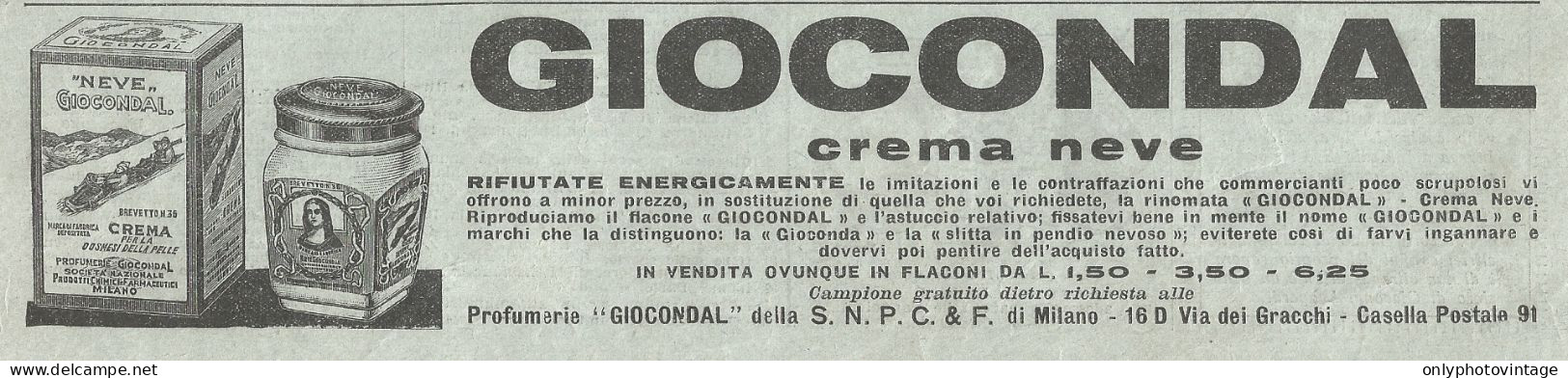 Crema Neve GIOCONDAL - Pubblicità Del 1931 - Old Advertising - Werbung