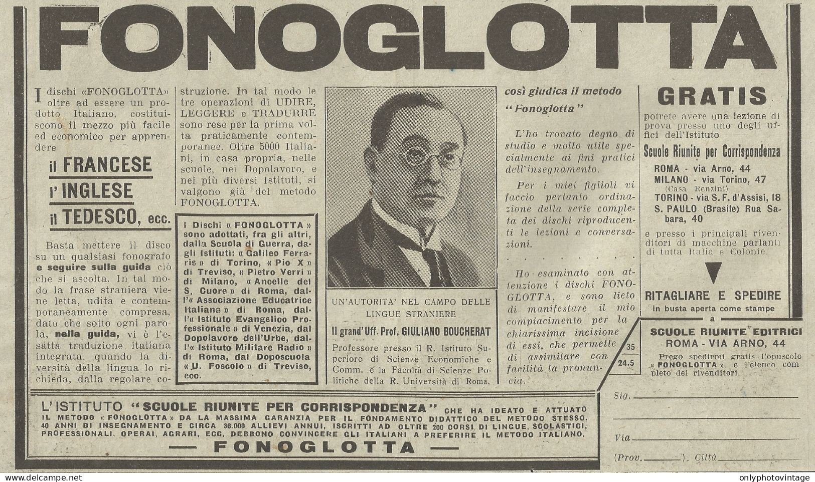 FONOGLOTTA - Prof. G. Boucherat - Pubblicità Del 1931 - Old Advertising - Werbung