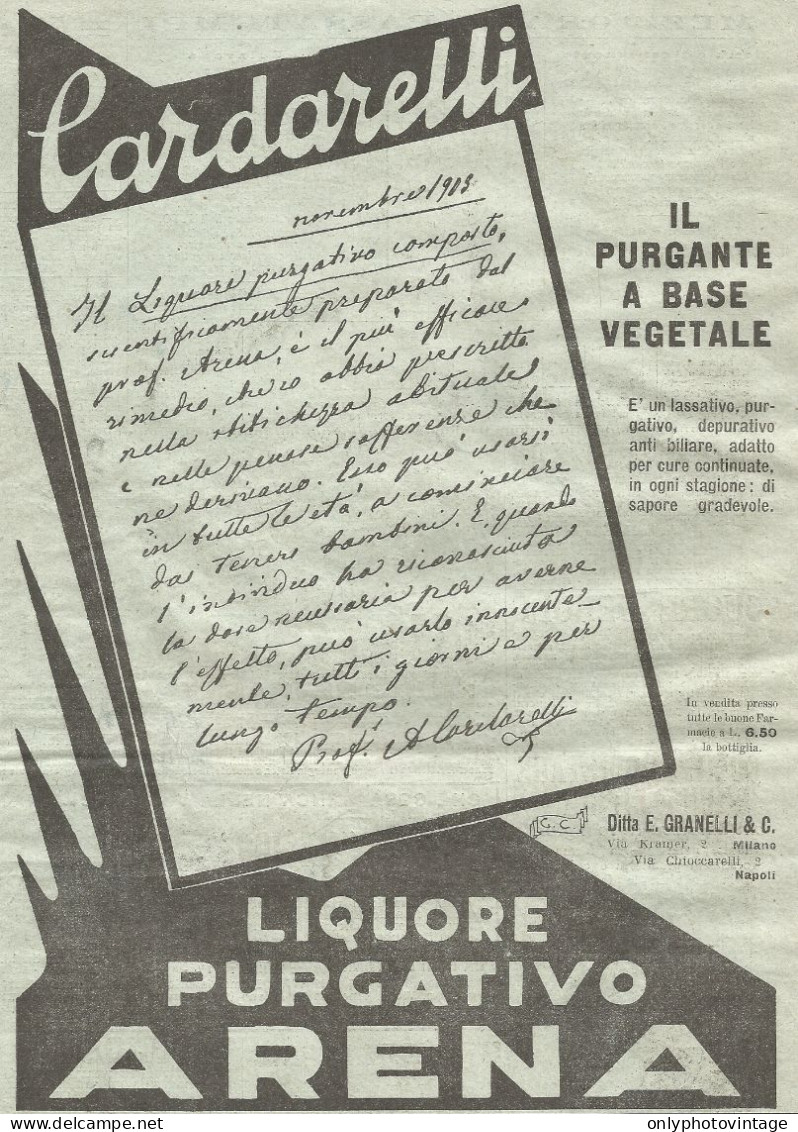 Cardarelli - Liquore Purgativo Arena - Pubblicità Del 1930 - Old Advert - Werbung
