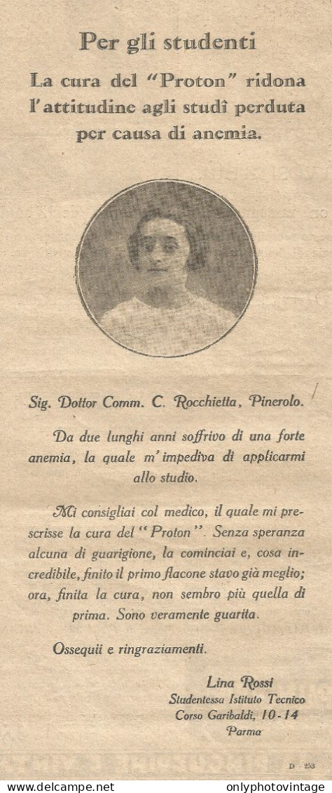 PROTON - Lina Rossi - Parma - Pubblicità Del 1928 - Old Advertising - Reclame