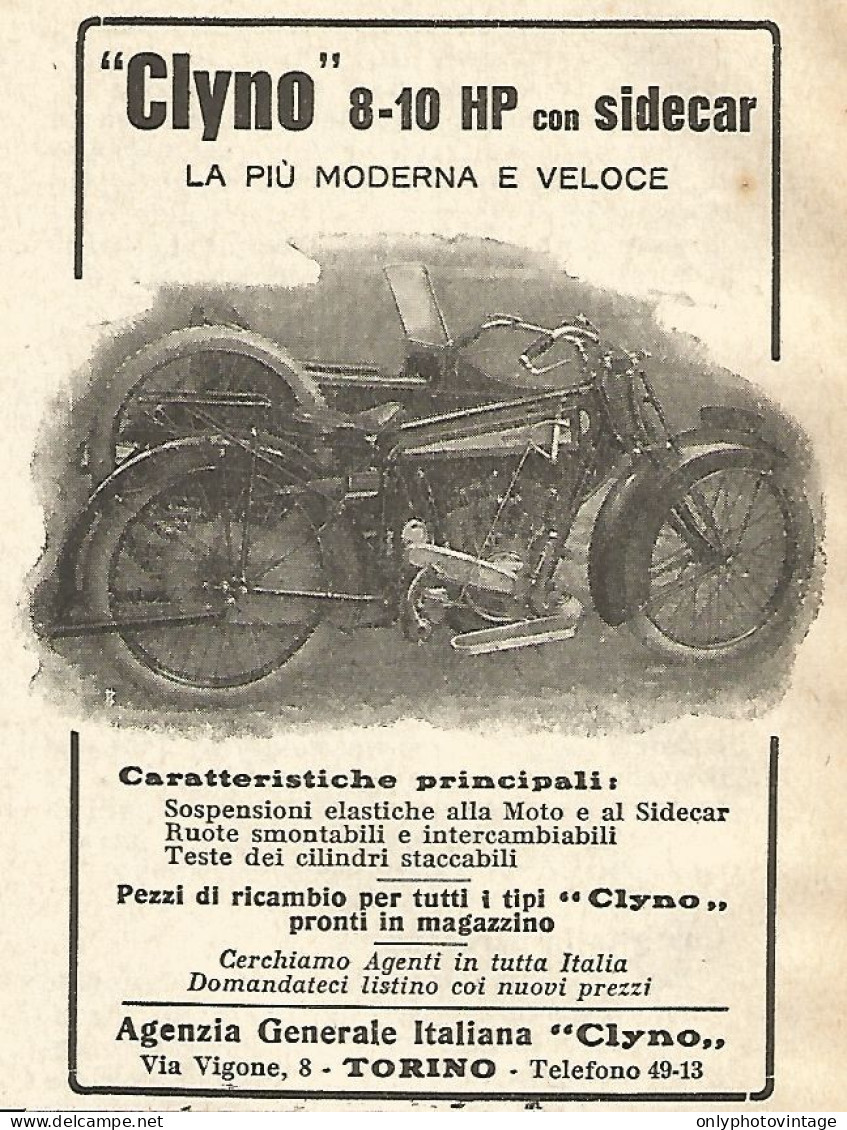 Moto CLYNO 8-10 HP Con Sidecar - Pubblicità Del 1923 - Old Advertising - Reclame