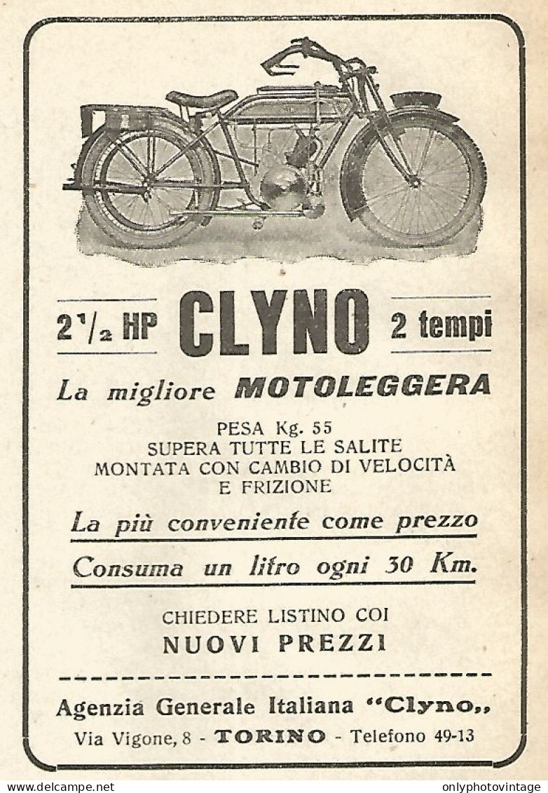 CLYNO La Migliore Motoleggera - Pubblicità Del 1923 - Old Advertising - Reclame