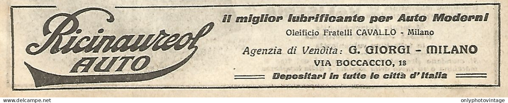 Lubrificante RICINAUREOL Auto - Pubblicità Del 1923 - Old Advertising - Pubblicitari