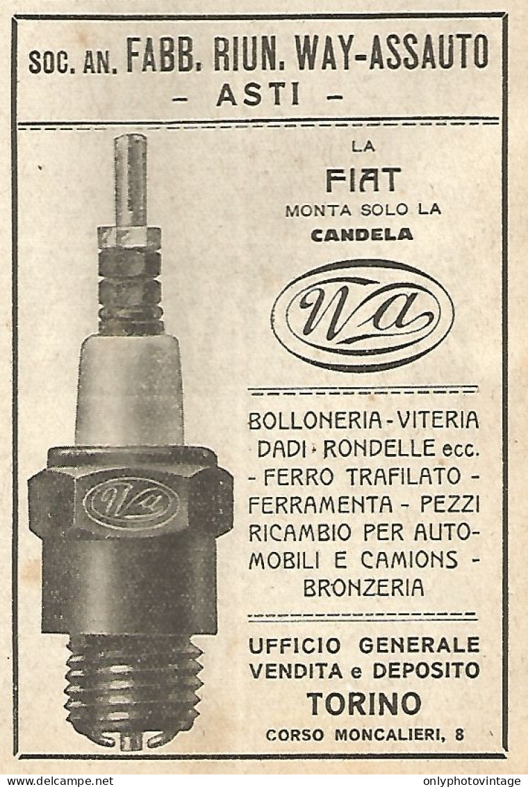 Candele WAY-ASSAUTO - Asti - Pubblicità Del 1923 - Old Advertising - Reclame