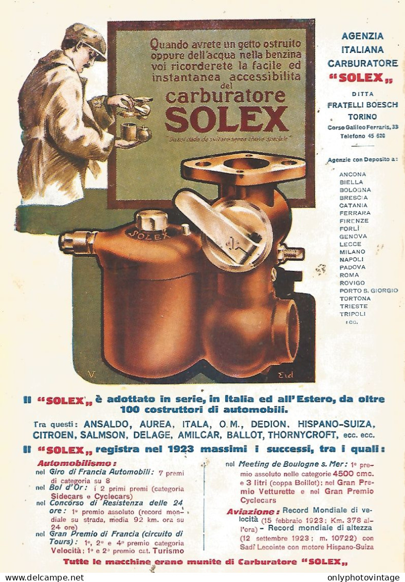 Carburatore SOLEX - Illustrazione Colori - Pubblicità Del 1923 - Old Ad - Reclame