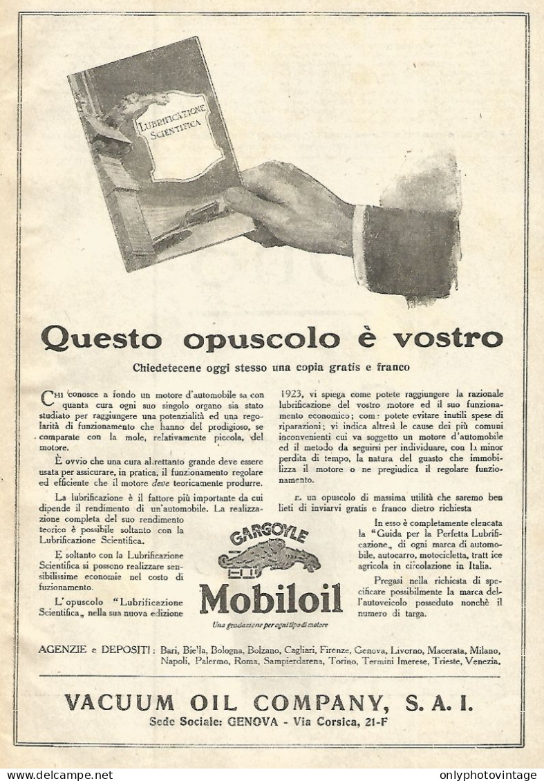 Gargoyle Mobiloil - Illustrazione - Pubblicità Del 1923 - Old Advertising - Publicités