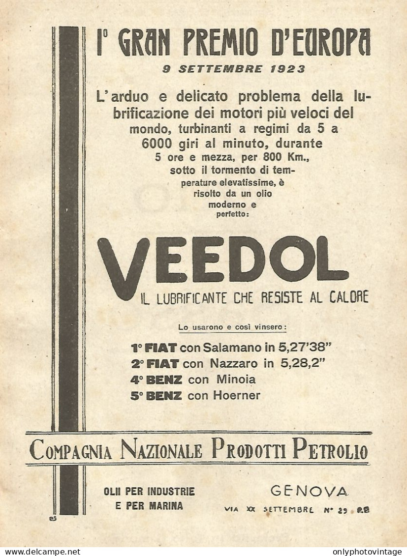 VEEDOL - 1° Gran Premio D'Europa - Pubblicità Del 1923 - Old Advertising - Reclame