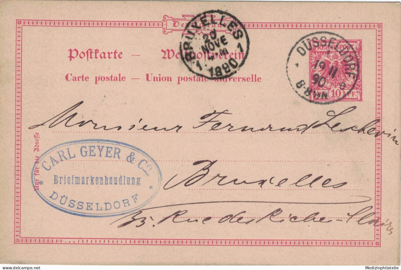 Ganzsache 10 Pfennig - Carl Geyer & Co Düsseldorf 1890 > Brüssel Bruxelles - Postcards