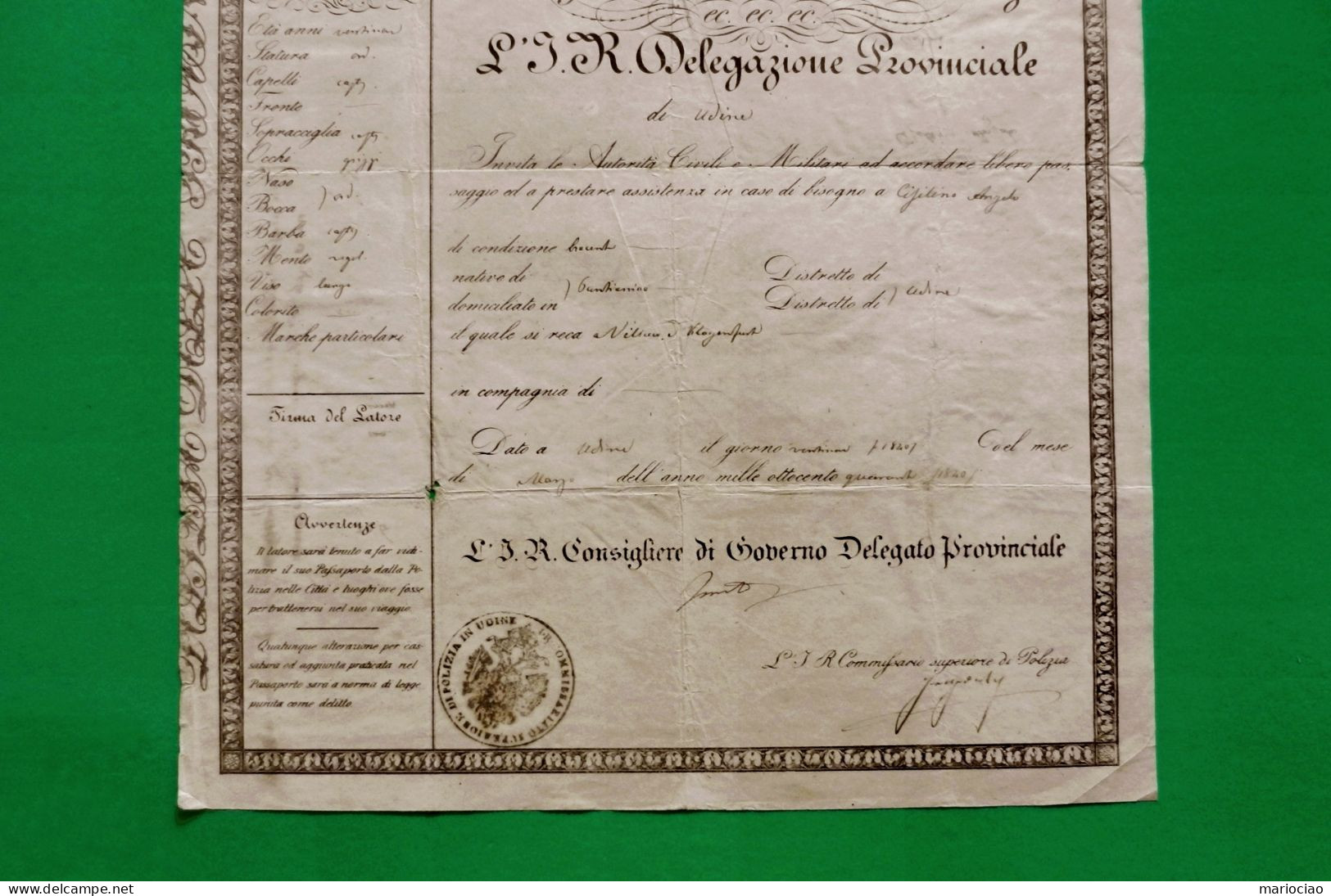 D-IT R. Lombardo Veneto 1840 Ferdinando I D'Austria UDINE PASSAPORTO Per Villach E Klagenfurt N.276 - Documentos Históricos