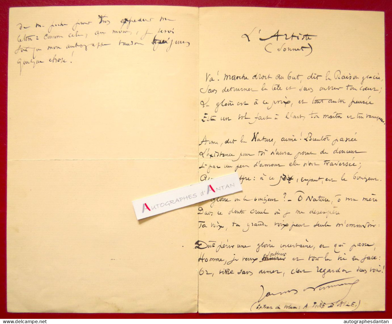 ● L.A.S 1884 Jacques NORMAND écrivain - Lettre + Sonnet Manuscrit Intitulé "l'Artiste" - Timbres & Autographes - SGDL - Scrittori