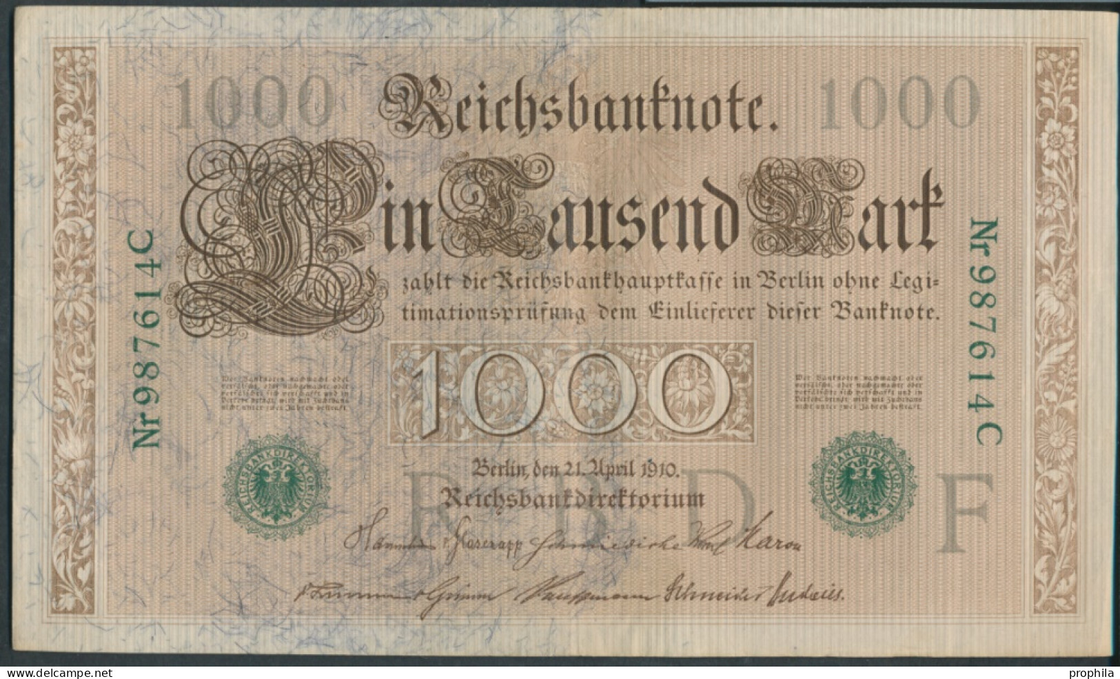 Deutsches Reich Rosenbg: 46a Grünes Siegel, KN 6-stellig, Udr.-Bst. F, Serie: C Gebraucht (III) 1910 1.000 Ma (10298912 - 1.000 Mark