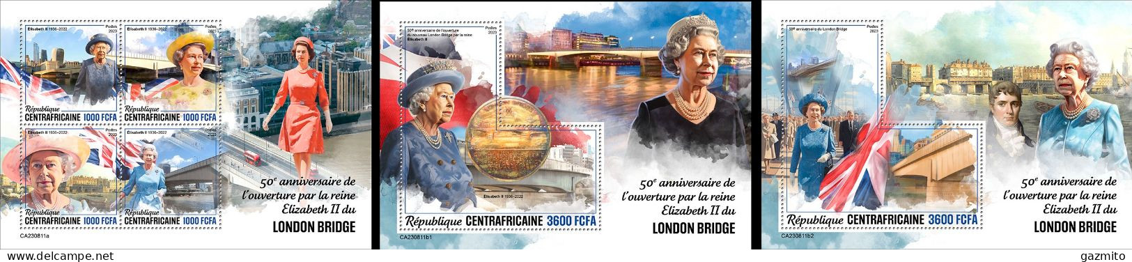 Centrafrica 2023, Queen Elizabeth, London Bridge, 3val In BF +2BF - Familles Royales