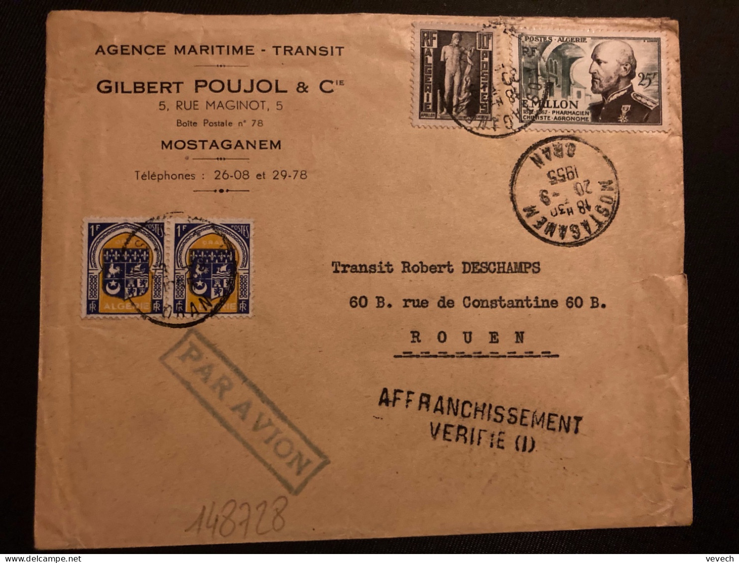 LETTRE AGENCE MARITIME GILBERT POUJOL TP MILLON 25F + 10F + BLASON 1F Paire OBL.20-9 1955 MOSTAGANEM + GRIFFE AFFRANCHIS - Covers & Documents